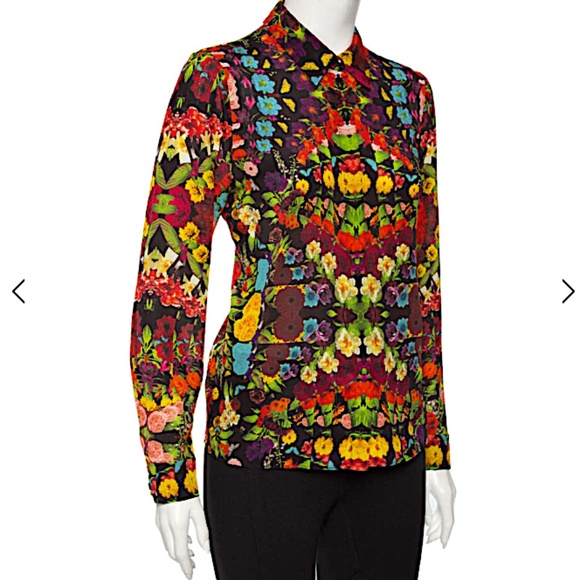 Alice + Olivia Multicolored Silk Kaleidoscopic Floral Print Shir - Picture 2 of 8